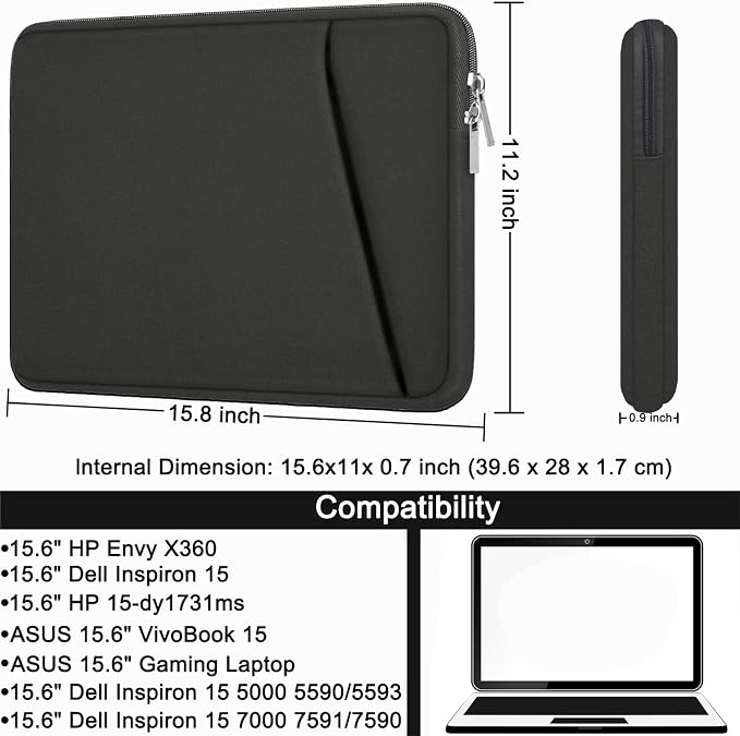 15.6 inch Laptop Sleeve, Durable Briefcase Cover Shockproof Protective Sleeve, Handbags Portable Laptop Bag for 15.6 inch HP Dell Asus Lenovo Notebook Computer Case with Front Pocket, Grey