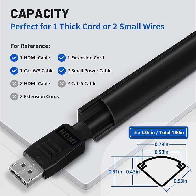 ZhiYo Corner Cable Concealer, Corner Cord Hider for One Cord, 180in (5 x L36in) Wire Covers for Cords, Paintable Cord Cover, Cable Management Channel Raceway for Wall, Floor Baseboard, Ceiling, Black