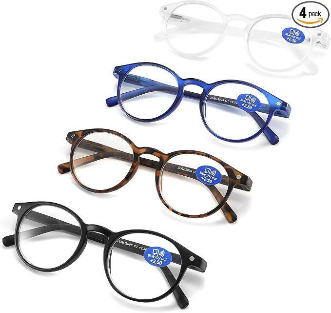 Reading Glasses Blue Light Blocking - Spring Hinges Round Eyeglasses for Men Women,4 Pairs Mix Color Anti Glare Filter Lightweight Readers (4 Pairs Mix Color, 1.75)