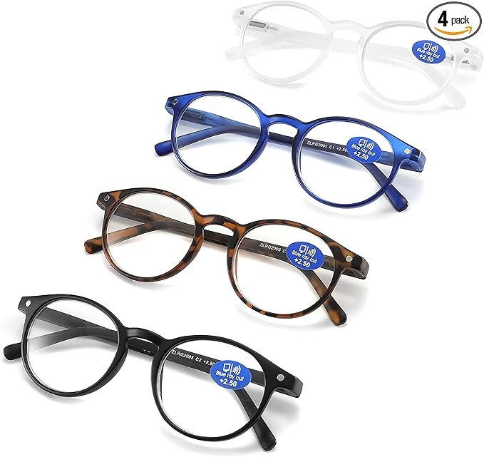 Reading Glasses Blue Light Blocking - Spring Hinges Round Eyeglasses for Men Women,4 Pairs Mix Color Anti Glare Filter Lightweight Readers (4 Pairs Mix Color, 2.00)