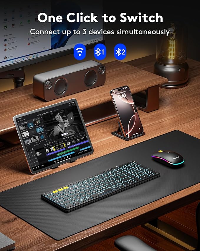 Foldable Keyboard and Mouse, Samsers Folding Bluetooth Keyboard Combo, 2.4G + BT5.0 x 2, Full-Size Portable Travel Keyboard & Rechargeable Wireless Mouse for Windows Android iOS Mac OS, Black