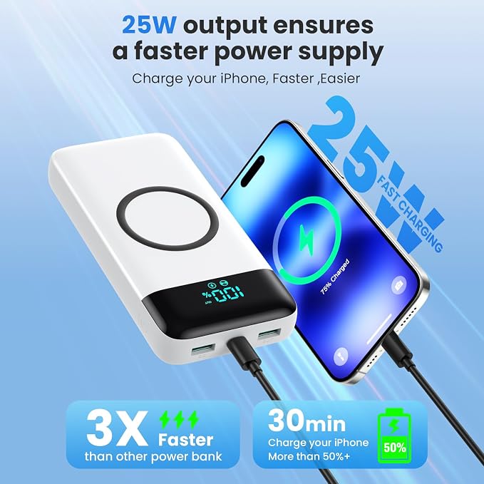 YHO Wireless Portable Charger 40800mAh for iPhone with Built-in Cables, 15W Wireless Charging USB C Power Bank,25W PD Fast Charging Travel Essential Battery Pack for iPhone 17/16/15,Android-White