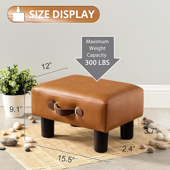 LUE BONA Small Foot Stool with Handle, Whisky Brown PU Leather Short Rest Rectangle Storage Foot Stools Ottoman with Plastic Legs, Padded Small Step Stool for Living Room, Office, Patio