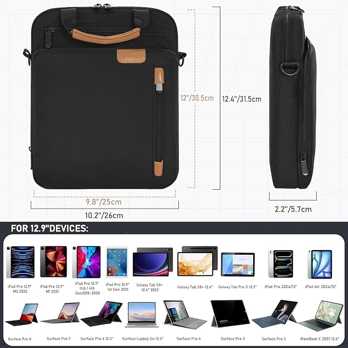 12.9 Inch Tablet Sleeve Bag, Padded Carrying Case for 13" iPad Air M4 M3 M2 2026-2024, iPad Pro M5 M4 M2 M1, Samsung Galaxy Tab S9 FE+/S9+/S8+/S7 FE/S7+ 12.4" 2022/2023, Surface Laptop Go 12.4"
