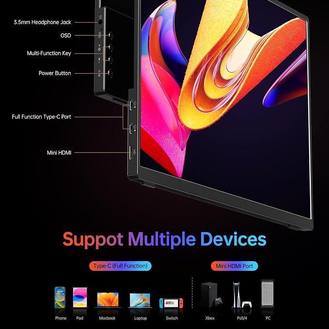 VILVA Portable Monitor 14 inch FHD 1920 * 1200P USB C HDMI Ultra-Slim IPS Travel Display w/Smart Cover & Speakers, HDR Plug&Play, External Monitor for Laptop PC, Phone,Mac