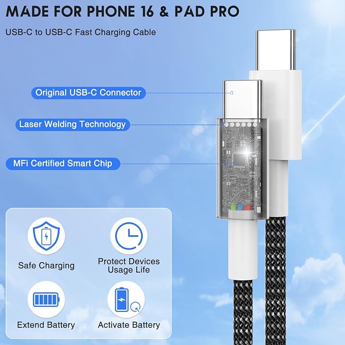 USB C to C Fast Charger Cable 10ft, Long Type C to USB C Charging Cord Wire for Apple iPhone 17 Pro Max/17 Air/16 Pro/15 Plus,MacBook Pro 2021/2020/2019/2018,iPad 12.9/11 inch/Mini/Air,Samsung Galaxy