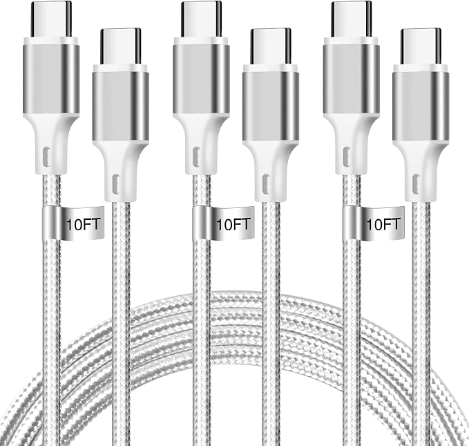 USB C to USB C Charger Cable, 3Pack 10FT Type C Fast Charging Cord Compatible for iPhone 15/16/17/Pro/Max/Plus, iPad Pro Air Ps5 Controller Samsung Galaxy - Silver