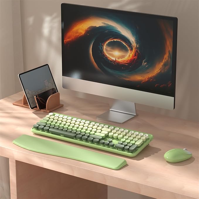 MPTOG Colorful Wireless Computer Keyboard and Mouse Combo with Phone Holder, Wrist Rest, Typewriter Keys, 2.4GHz Wireless, Full-Sized Optical Mouse for PC and Laptop(Green Colorful)