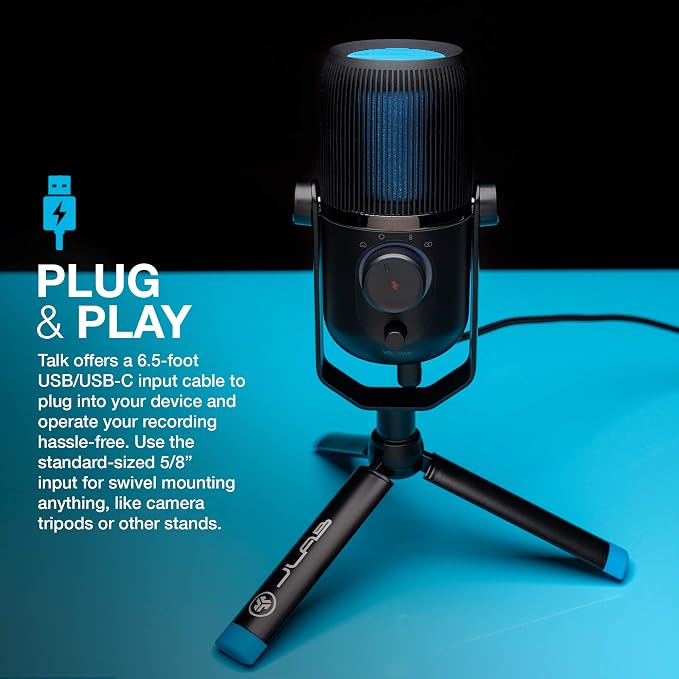 JLab Talk USB Microphone, USB-C Output, Cardioid, Omnidirectional, Stereo or Bidirectional, 96k Sample Rate, 20Hz, 20kHz Frequency Response, Volume, Gain Control, Quick Mute, Plug & Play