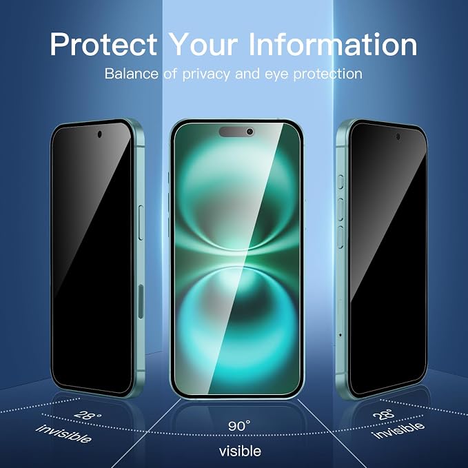 NEW'C 3x Privacy for iPhone 16 Plus Screen Protector (6.7 inches)+ 3x Camera Lens Protector, Sensor Protection, Case Friendly Tempered Glass Film + Dust Plug - Easy installation tool included