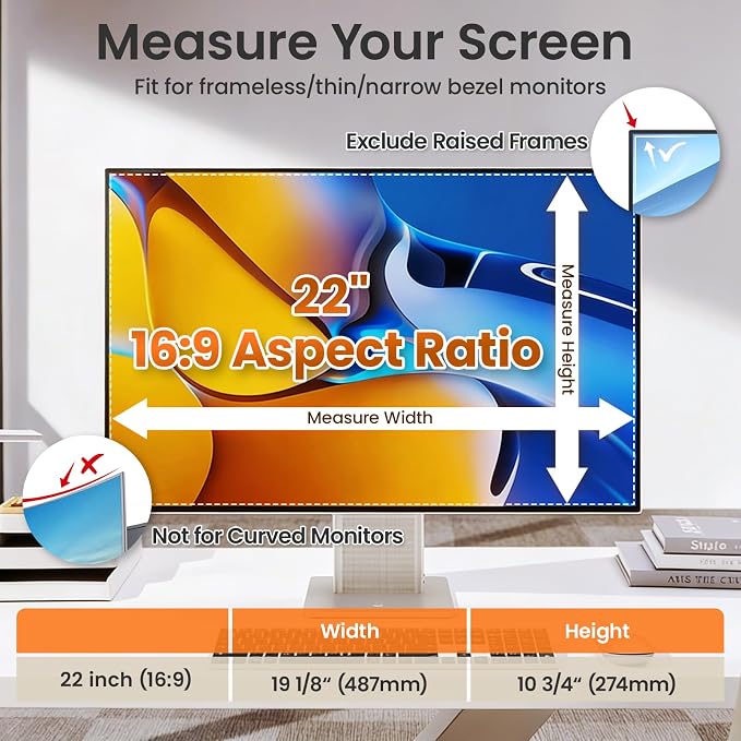 Magnetic Privacy Screen Filter for 22 Inch Computer Monitor 16:9 Aspect Ratio, Removable Hanging Privacy Screen Shield Eye Protection, 22in Anti Blue Light Filter, Anti-Glare Protector