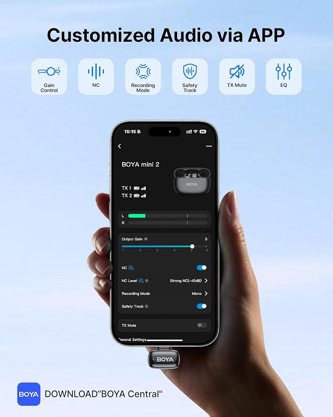BOYA mini 2 Wireless Microphone for iPhone & Android, AI Noise Cancellation, App Control, Safety Track, 30H Battery Life with Charging Case, Lapel Microphone Wireless for Video Recording Podcast Vlog