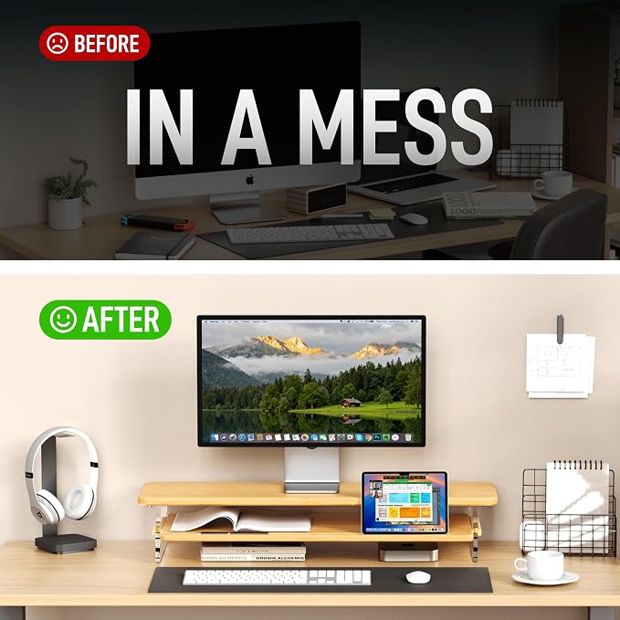 AFOOYO Bamboo Dual Monitor Stand Riser,31.5In 2 Tier Desk Organizer, Adjustable Arylic Feet Computer Monitor Stand, Desk Shelf for Office