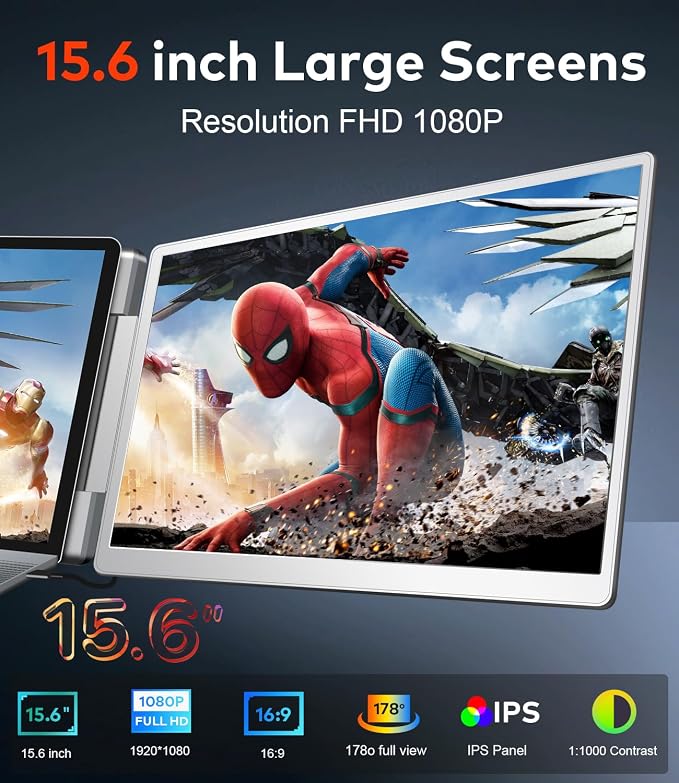 15.6" Laptop Screen Extender, Left Screen 360° Flip Triple Screen Monitor Extender, FHD 1080P IPS Portable Travel Monitor Display, fit for 13-17.3" Laptops, Compatible with Windows and MacBook-S10