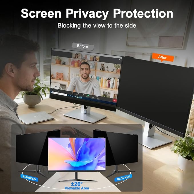 2 Pack 27 Inch Computer Privacy Screen Filter, 9H Hardness Anti-Scratch Shield for 27" Widescreen Monitor(16:9), Hanging Design for Open Office & Cubicle, Reduce Blue Light & Eye Strain