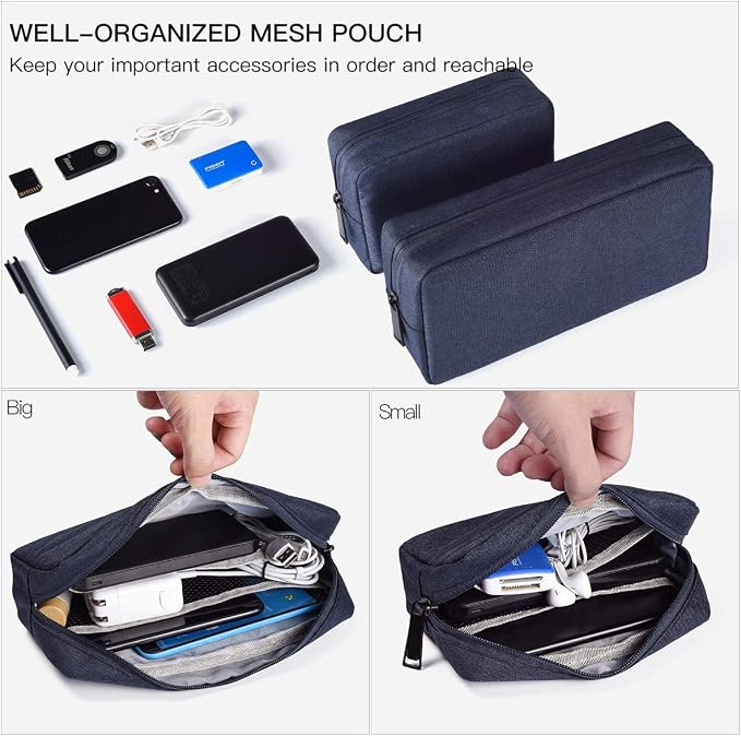 2-Pack Portable Storage Pouch Bag, Universal Electronics Accessories Case Cable Organizer Compatible with Hard Drive, Laptop Mouse, Power Bank, Adapter, Cellphone, Cosmetics (Small+Big-Navy Blue)