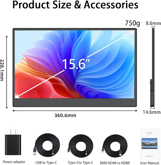 Portable Monitor 15.6 inch FHD1080P USB C HDMI Travel Monitor with Kickstand, IPS Gaming External Monitor for Laptop, PC, Phone, PS, Xbox, Swich