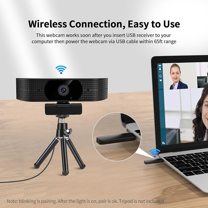 1080P Wireless Webcam for PC, Webcam with Noise-reducing Mic, 92°FOV，360° Rotation, Plug and Play, Wireless Camera Works with Skype, Zoom for Conference meetings, video calls (USB-powered Version)