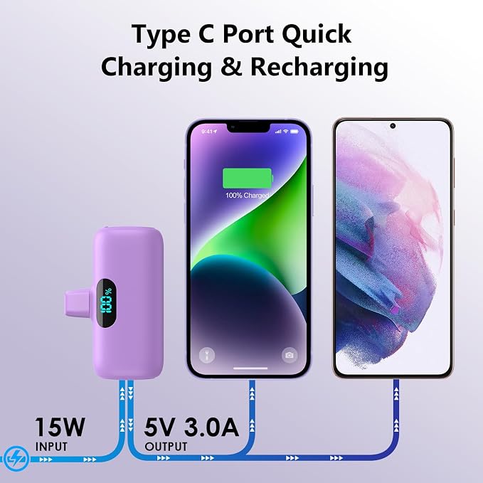 [2 Pack] Mini Portable Charger 5000mAh,Ultra-Compact 15W PD Fast Charging Power Bank,LCD Display Cute Battery Pack Backup Charger Compatible with iPhone 14/14 Pro Max/13 Pro/12/11/XR/8/7-Green+Purple