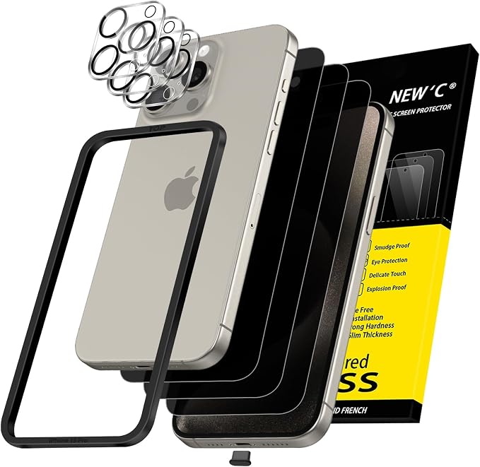 NEW'C 3x Privacy for iPhone 15 Pro Screen Protector (6.1 inches)+ 3x Camera Lens Protector, Sensor Protection, Case Friendly Tempered Glass Film + Dust Plug - Easy installation tool included