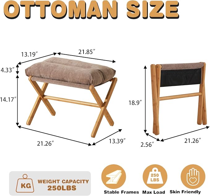 Baveke Folding Foot Stool, Small Accent Ottoman with Thick Cotton Cushion & Bamboo X Legs, Modern Padded Sofa Stool for Makeup Bedroom Living Room (Brown)