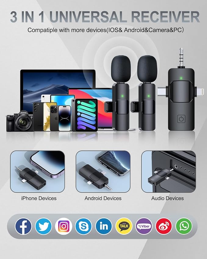 PQRQP 3 in 1 Professional Wireless Lavalier Microphone for iPhone/Android/Camera, Wireless Microphones, Mini Microphone, Crystal Clear Sound Quality for Recording, Live Streaming, Clips-Elegant Black