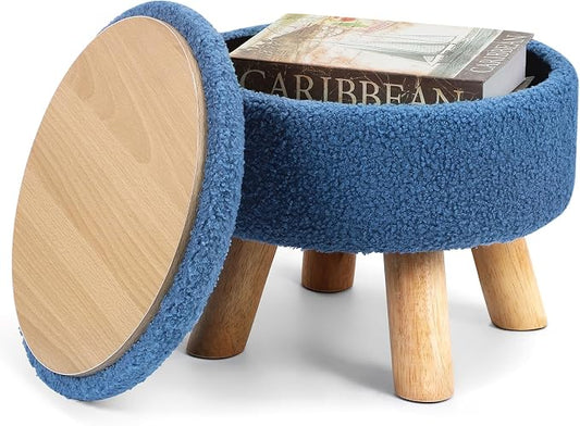 OGEMXU Ottoman Foot Rest, Small Round Ottoman with Storage, Boucle Teddy Velvet Footstool with Wood Legs, Soft Sponge Storage Ottoman for Living Room, Bedroom, Couch, Enterway (Dark Blue)