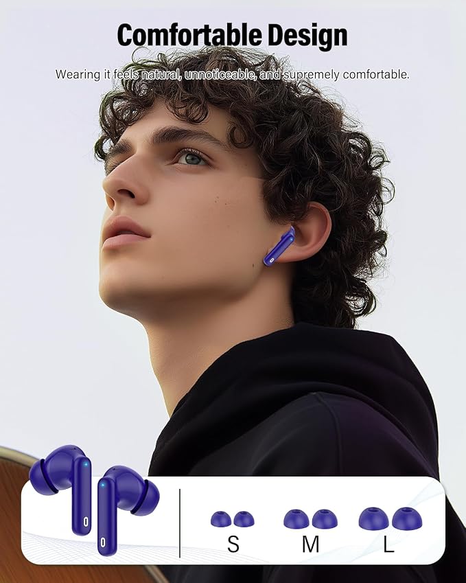 Wireless Earbuds, Bluetooth 5.4 Headphones Bass Stereo, Ear Buds with Noise Cancelling Mic, LED Display in Ear Earphones Clear Calls, IP7 Waterproof Bluetooth Earbuds for Laptop/Phones, Dark Blue
