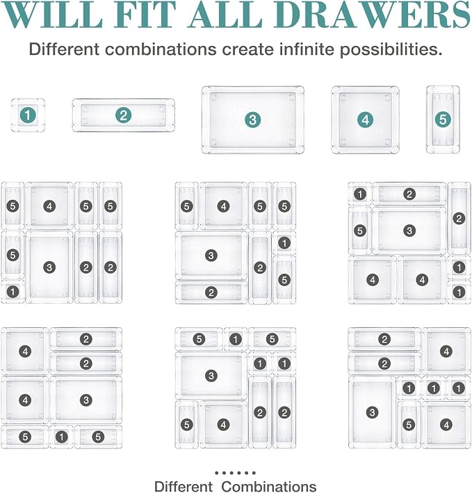 StorMiracle 25 PCS Drawer Organizer Set, 4 Varied Size Bathroom and kitchen Drawer cabinet organizer Trays, Clear Storage Bins for Makeup, Jewelry, Utensils and Gadgets