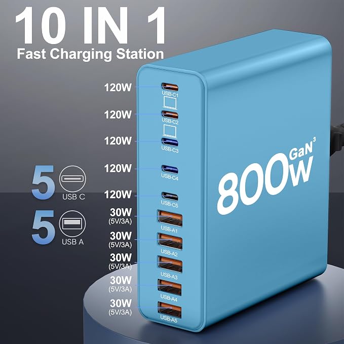 800W USB C Charger Block,10-Port Charging Station GaN Fast Charging Type C & USB A Wall Charger Adapter for MacBook Pro/Air,iPhone,iPad,Dell XPS,Samsung Galaxy(Blue)