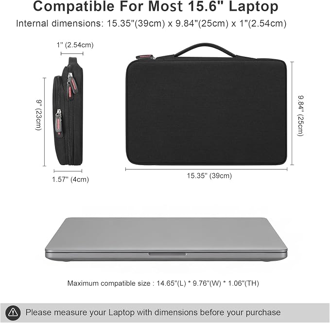 15.6 Inch Laptop Sleeve Case, Protective Carrying Cover for 15-15.6 inch Dell, acer, HP, Lenovo, ASUS Notebook Ultrabook, Large Accessory Pocket and Water Resistant for Travel Laptop Bag, Black