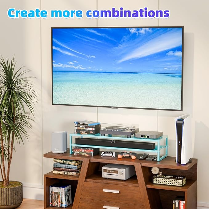 Simple Trending 2 Tier Metal Dual Monitor Stand Riser, Computer Office Desktop Organizer for 2 Monitors with 32"x10" Mouse Pad for Laptop, Printer, TV, Blue