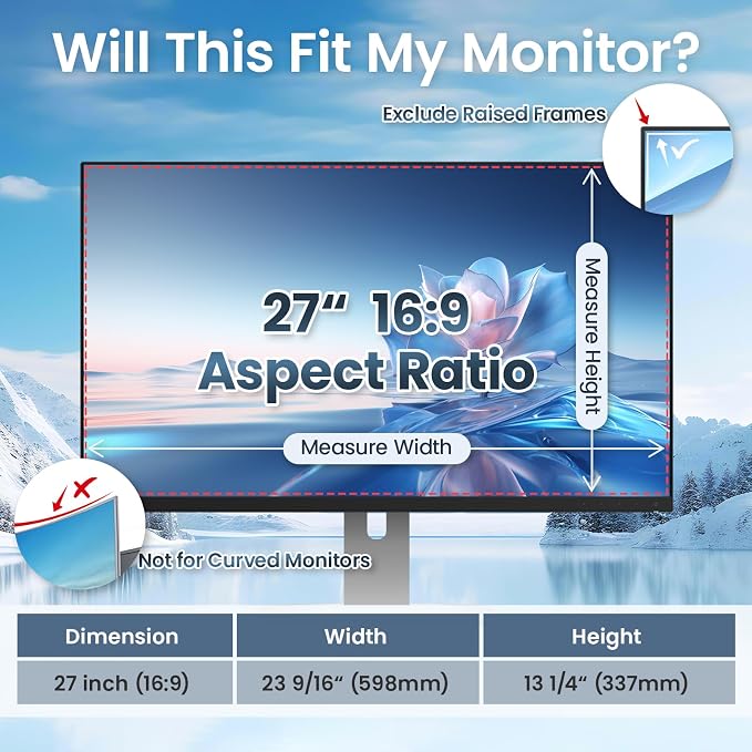 Magnetic Privacy Screen Filter for 27 Inch Monitor 16:9 Aspect Ratio,Removable Anti Blue Light shield with Eye Protection,Hanging Anti-Spy Protector for Flat Desktop Computer
