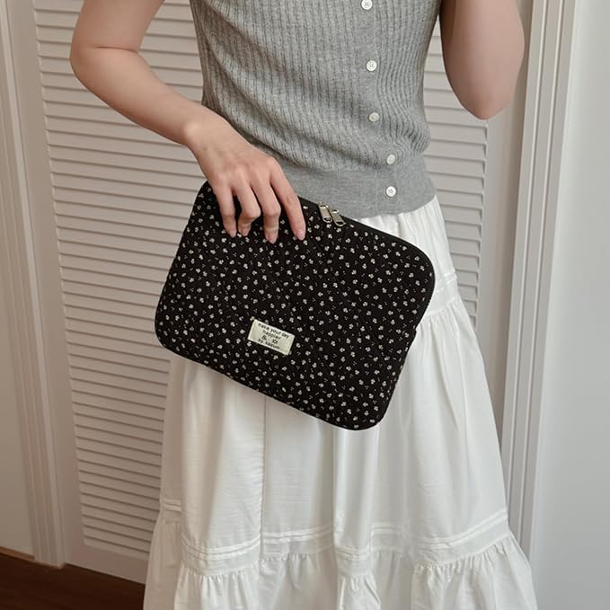 Puffy Laptop Sleeve 13-15.6 Inch Corduroy Quilted Laptop Protective Case Cute Floral Computer Sleeve Protective for MacBook (Black Ditsy Floral, 11 Inch)