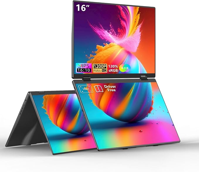 Dual Portable Monitors, 16"/1200P/FHD Foldable Laptop Screen Extender, All-Metal, Ultra Slim, Plug & Play, Extend/Mirror/Splicing/Flip Mode, USB-C/HDMI, Low Blue Light, Speakers, for Win/Mac