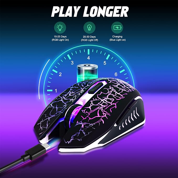 Wireless Gaming Mouse, Rechargeable Wireless Computer Mouse, 7-Color LED Light, Ergonomic Mouse with 6 Silent Click Buttons, 3 Adjustable 2400 DPI Wireless Mouse for Laptop,PC,Mac, Black
