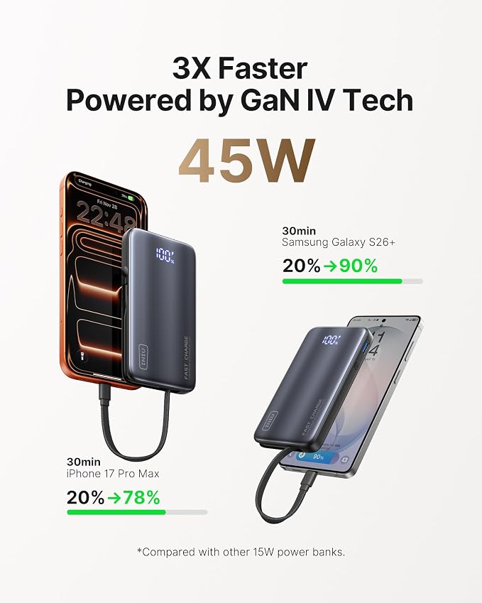INIU Portable Charger, Ultra Small 45W Fast Charging Power Bank with Built-in AC Wall Plug, 10000mAh GaN 3-in-1 Battery Pack for Flight-Safe Travel, for iPhone 17 16, Samsung S26, iPad etc, Black