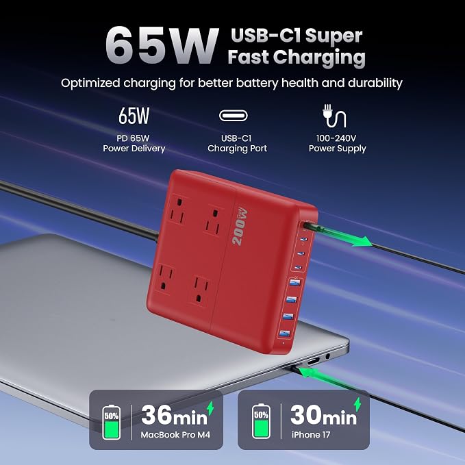 200W Charging Station,12-in-1 USB C Power Strip with Flat Plug and 5ft Extension Cord,4 AC Outlets,4 USB-A,4 USB-C Ports for iPhone 17/16/15,65W Fast Laptop Charger for MacBook,Home,Office(Vermilion)