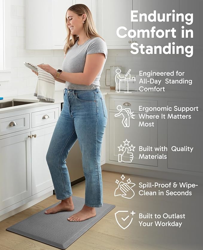 Ophanie Kitchen mats for Floor, Kitchen Rugs, 20x32 Anti Fatigue Standing Cushioned Mat, Waterproof, Comfort Ergonomic mat for Office, Home, Sink, 1/2 inch Thick Memory Foam Grey Non-Slip Bottom