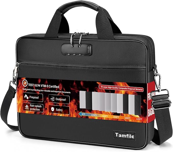 Tamfile Laptop Bag, 14 inch Fireproof Safe Messenger Bag for Laptop or Tablet, Computer Bag Safe Storage with Shoulder Strap and Handle, Shoulder Bag Carrying Case for Travel, Office, Home, Black