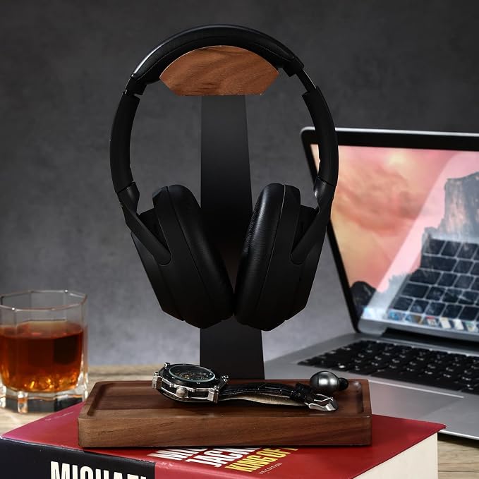 Walnut Headphone Stand, Wood Headset Stand for Desk, Gaming Headphone Holder with Storage Base Compatible with Airpod max, Bose, Razer, Sennheiser, Jabra, JBL, AKG, Grey, Vintage Gift for Men