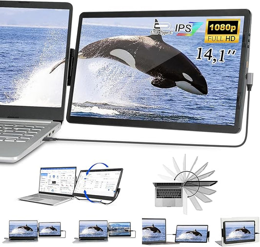 14.1'' Laptop Screen Extender, FHD IPS Portable Monitor, 360° Rotatable Dual Monitor for Laptop, Extender Connected with Type-c/hdmi, Support PC/Mobile Phone, Black