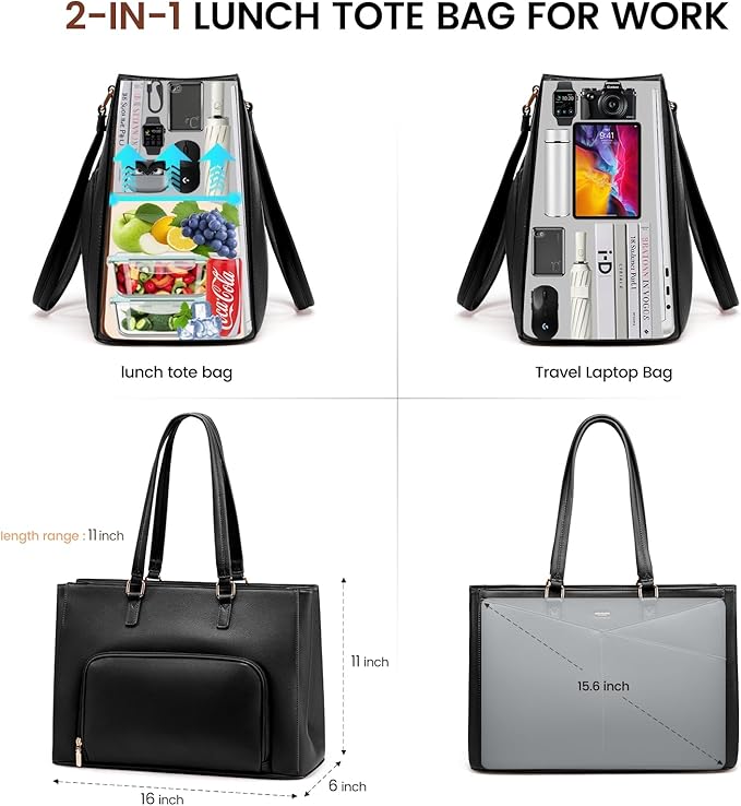 LOVEVOOK Lunch Tote Bag for Women, Laptop Bag for Work with Insulated Lunch Compartment 15.6 Inch 2 in 1 Lunch Tote Large Capacity Computer Handbag for Work, Teacher, Nurse, Office, Casual