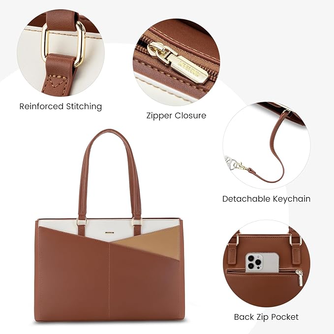 LOVEVOOK Laptop Tote Bag for Women, Office Work Bag Briefcase fit for 15.6 inch Laptop, Large Capacity Teacher Computer Bag Handbag Brown/Apricot/Beige
