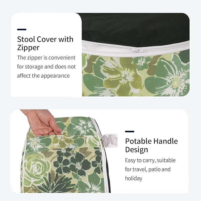 DYTXIII Inflatable Ottoman Stool D21 xH9 for Outdoor/Indoor Use, Water Repellent Patio Foot Rest with Portable Handle,Round Pouf Ottoman Suitable for Garden,Deck and Camping-Green Rose