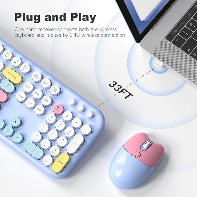 MOFII Wireless Keyboard and Mouse Combo - 2.4GHz Full-Size Retro Typewriter Keyboard with Round Keys, 3 Level Adjustable Optical Mouse, Plug & Play - Compatible with PC/Laptop/Desktop - Light Blue Mix