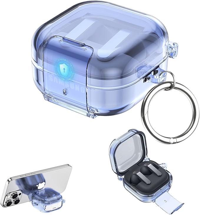 CameCosy Transparent case Compatible for Samsung Galaxy Buds 4/Buds 4 Pro 2026 with Lock Buckle & Phone Stand Function, TPU Shockproof Anti-Scratch Cover with Carabiner for Women Men, Clear Blue