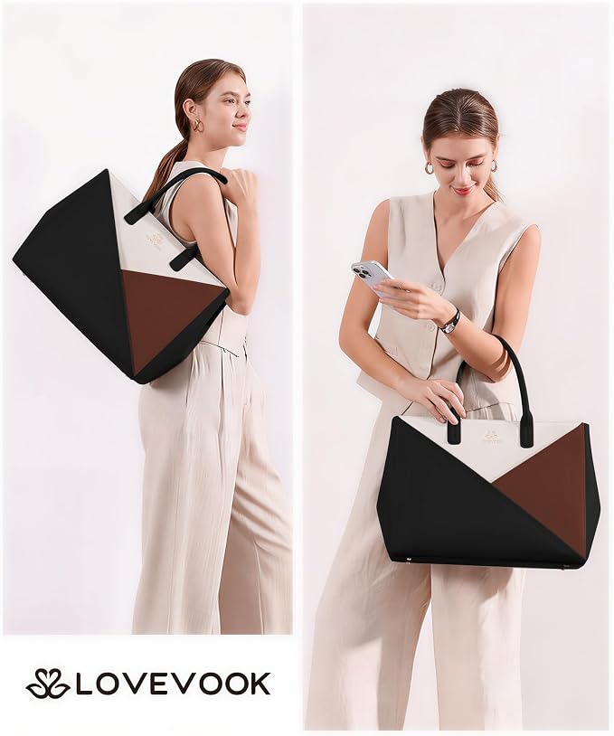 LOVEVOOK Laptop Tote Bag for Women with Large Cup Holder, 16 Inch PU Leather Work Bag Teacher Tote Bag, Waterproof Computer Bags Business Office Briefcase Handbag