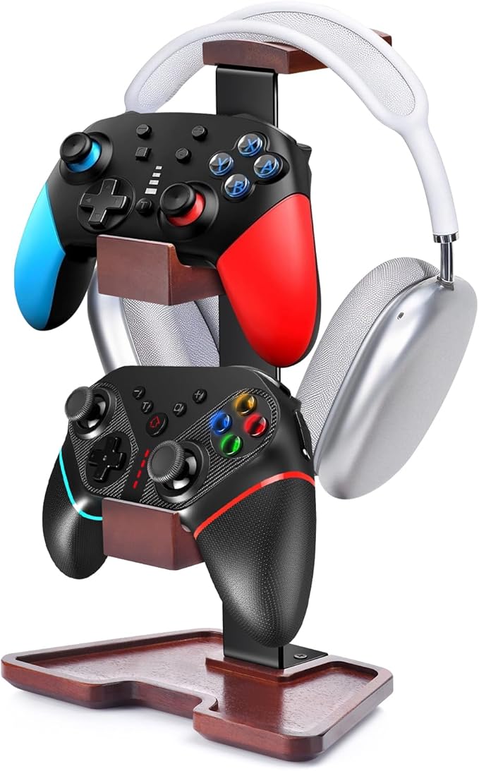 Solid Wood Headphone Stand Controller and Headset Stand Game Controller Holder for Desk Hanger Organizer Gaming Set Up Accessories for Xbox PS4 PS5 Nintendo Switch