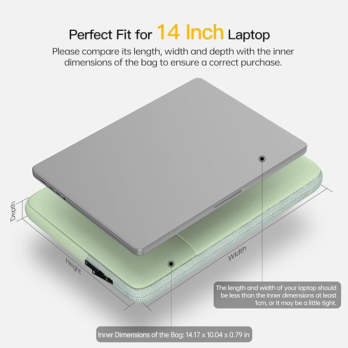 Laptop Sleeve Case 14 inch, Padded Shockproof Travel Computer Bag for Surface Laptop 6 5 4 15", HP Lenovo Dell ASUS Acer Chromebook 14 inch Water-Resistant Carrying Bag -Mint Green